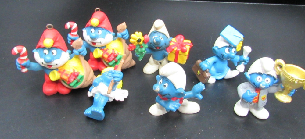 Lot Of 7 Smurf Christmas Ornaments Peyo Schleich Figures Papa Tree Carolers